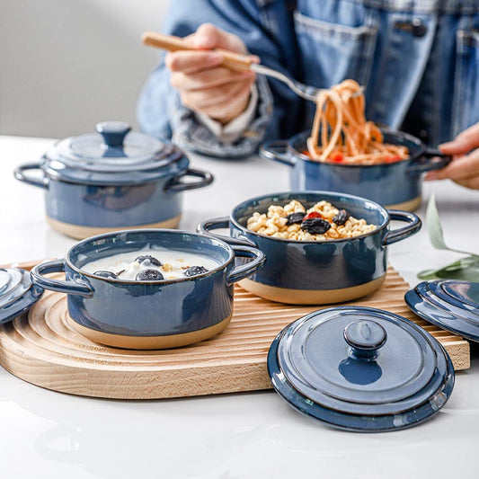 12 Oz Ramekins with Lids, Mini Casserole Dish with Lid Oven Safe, Small Casserole Dish Set, Oven Safe Bowls, Mini Baking Dishes for Oven with Lids, Farmhouse Style (Blue)