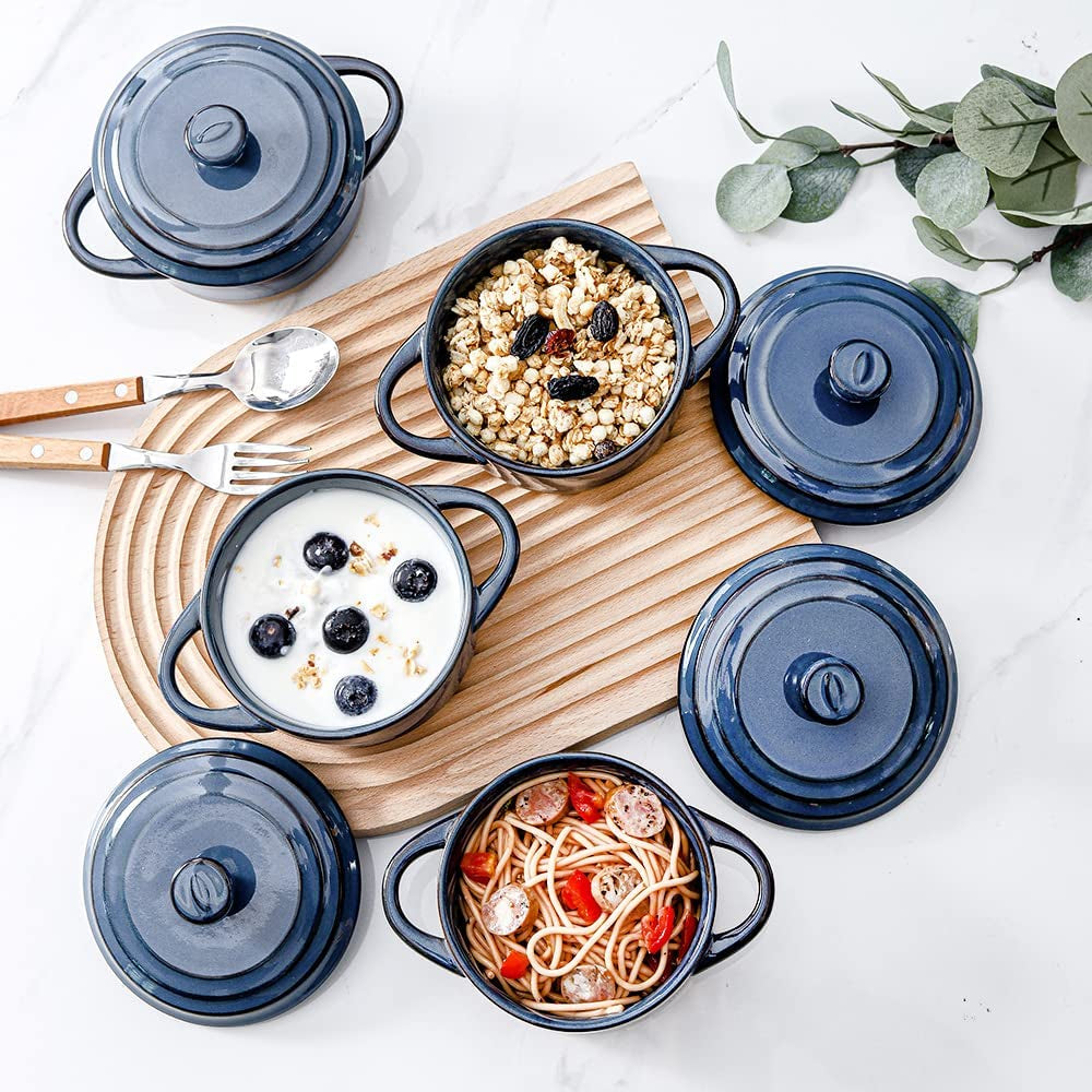 12 Oz Ramekins with Lids, Mini Casserole Dish with Lid Oven Safe, Small Casserole Dish Set, Oven Safe Bowls, Mini Baking Dishes for Oven with Lids, Farmhouse Style (Blue)