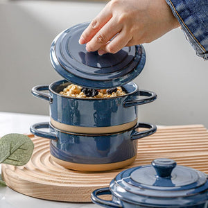 12 Oz Ramekins with Lids, Mini Casserole Dish with Lid Oven Safe, Small Casserole Dish Set, Oven Safe Bowls, Mini Baking Dishes for Oven with Lids, Farmhouse Style (Blue)